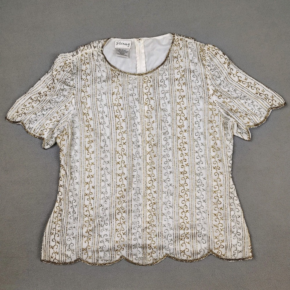 Vintage Stenay 100% Silk Beaded Blouse Women XL White Gold Silver Evening Wear